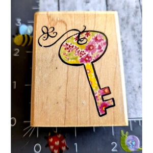 Hampton Art Floral Key Flower Rubber Stamp Wood‎ #B118